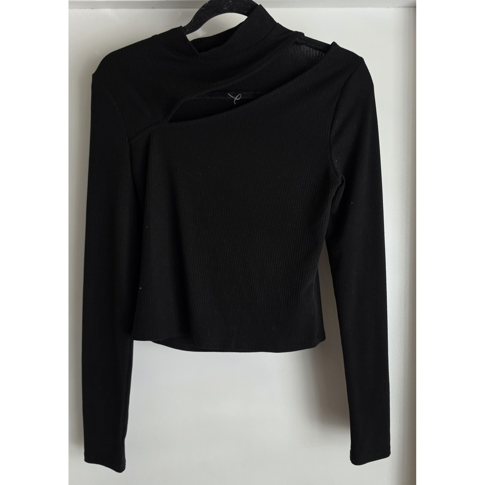 Aqua Women's Blouse Size M Black Ribbed Collared Long Sleeve Top Shirt Cutout